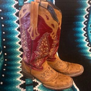 Lucchese Amberlynn Tan and Red Ostrich Boots 8B